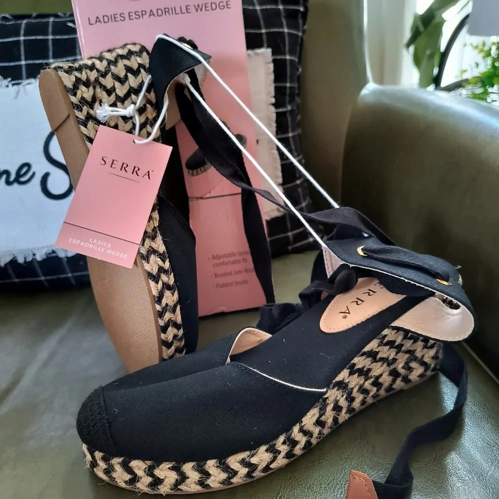 Black tan ladies platform wedge heeled sandals tie around ankle casual or dressy